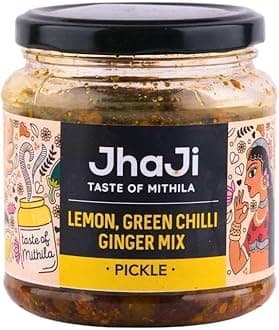 Jhaji Store's Lemon, Ginger & Green Chilli Pickle | Nimbu Mirchi Ka Achar | Tangy, Spicy & Sour | Homemade Lemon Pickle with Ginger & Green Chilli | Sun-Dried | No Preservatives | 500g Plastic Jar