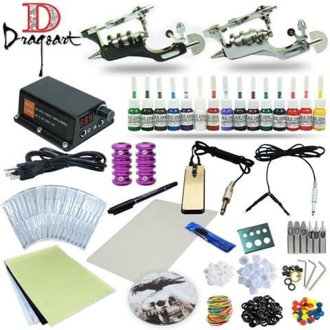 Complete Tattoo Kit 2 Machine Set Equipment Power Supply 15 Color Inks