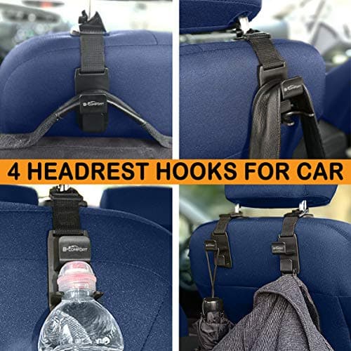 B-COMFORT 4 Magic Headrest Hooks for Car and Car Trash Bag-Universal Auto Vehicle Hanger Holder Back Front Seat Storage Organizer for Hanging Purse,Handbag,Backpack,Grocery Bags,Women Accessories