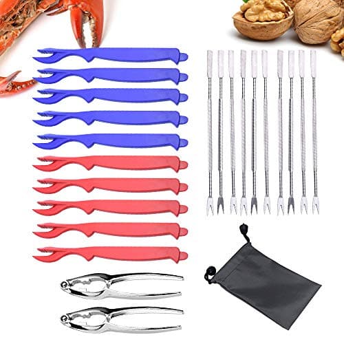 ATROPOS 23 Pieces Seafood Tools Set Including 10 Forks, 2 Crab Crackers Nut Cracker,10 Lobster Shellers and 1 Storage Bag for Lobster, Crab, Shellfish,Nut