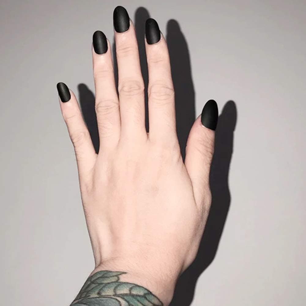 24Pcs False Nails Short Oval Fake Design Black Matte Press On Gel Nail Acrylic Artificial Manicure Tips French With Double Sided Stickers for Women and Girls