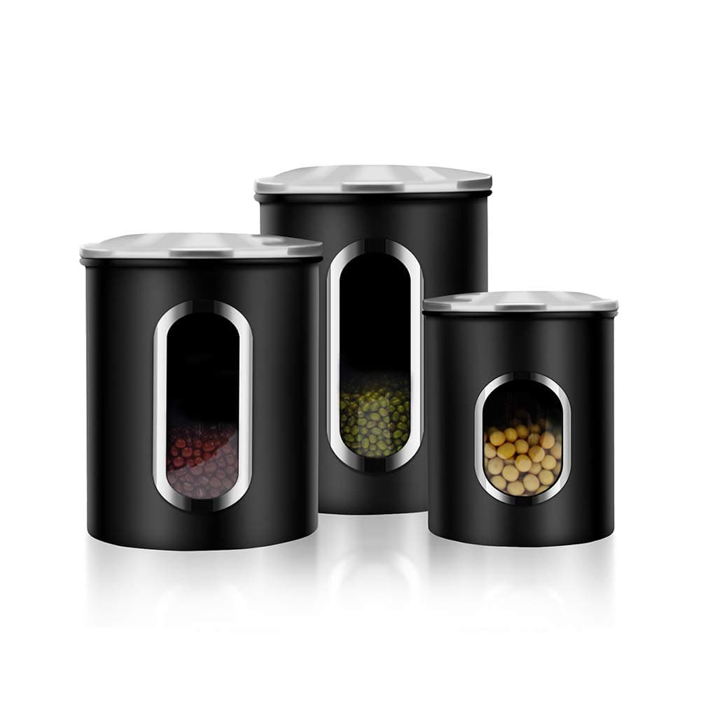 malmo Canisters Set, 3 Piece Food Container for Kitchen Counter Window with Fingerprint Resistance Lids, Black