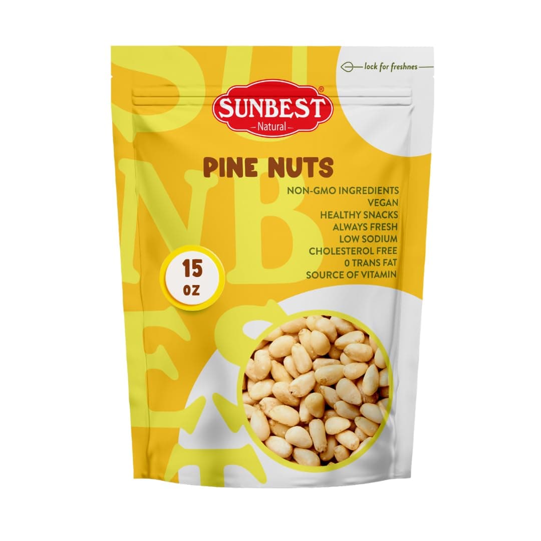 Sunbest Natural Pine Nuts Pignolia 15 Oz 1 Pack – Unsalted, Raw, Crunchy, Fresh & Delicious, Kosher Certified - Ideal for Snacking, Topping & Baking - Non-GMO, Gluten Free