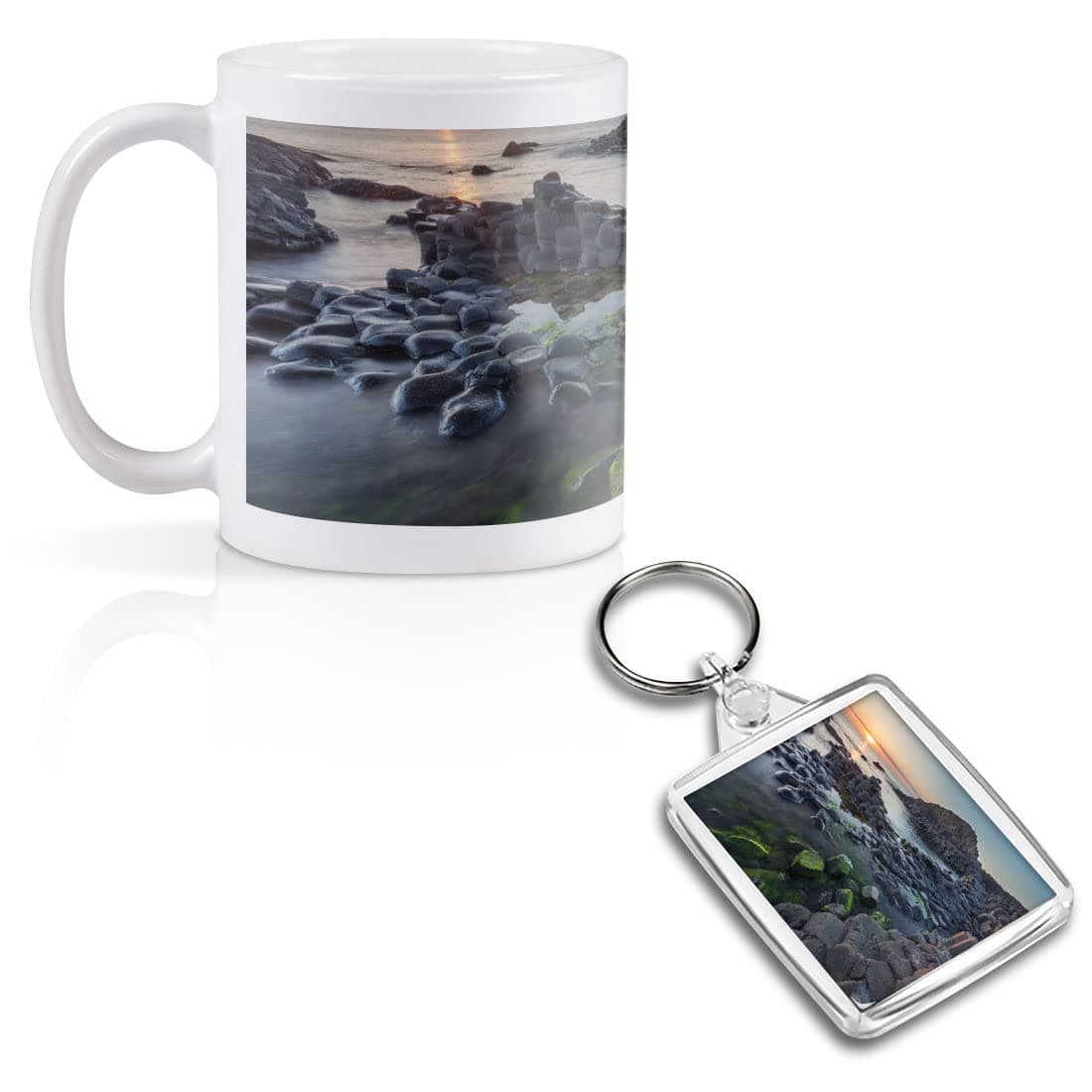 1 x 11oz (284ml) White Ceramic Mug Cup & 1 x Square Acrylic Keyring Set - Giant's Causeway Northern Ireland Design for Coffee Tea Drinks Kitchen Birthday Office #45147