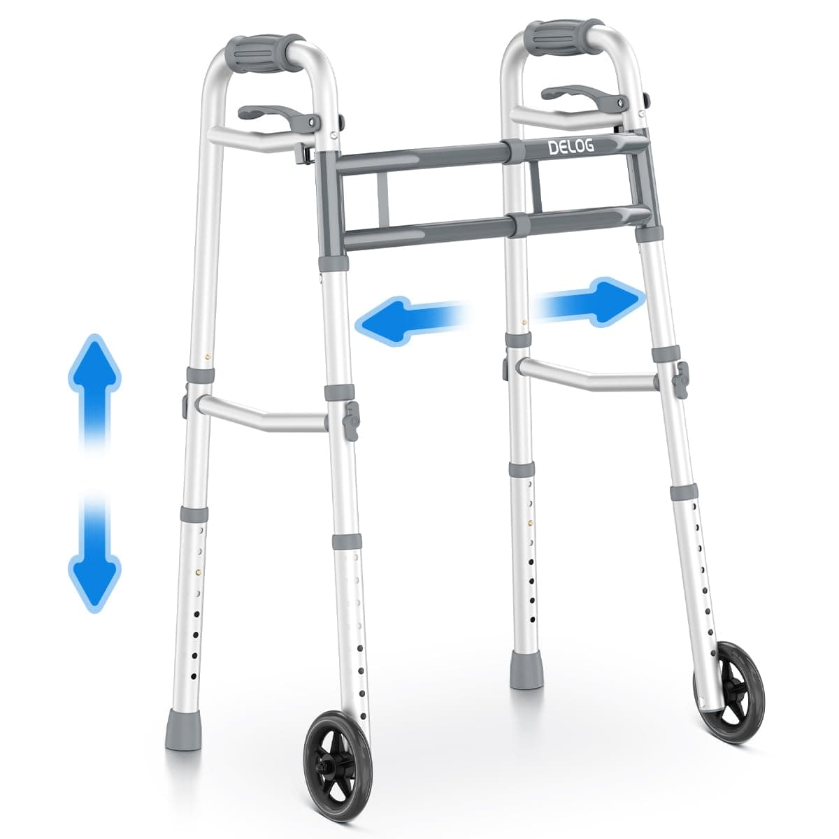 Delog Narrow Folding Walker for Seniors with Trigger Release and 5 Inches Wheels, Lightweight Supports Up to 350 lbs, Aluminum Folding Walker for Elderly, Handicapped and Disabled