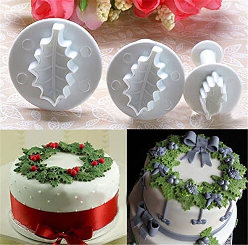 Buyusee 3Pcs/set Holly Leaf Cake Cutter Cookie Sugarcraft Decorating Plunger Mold Mould