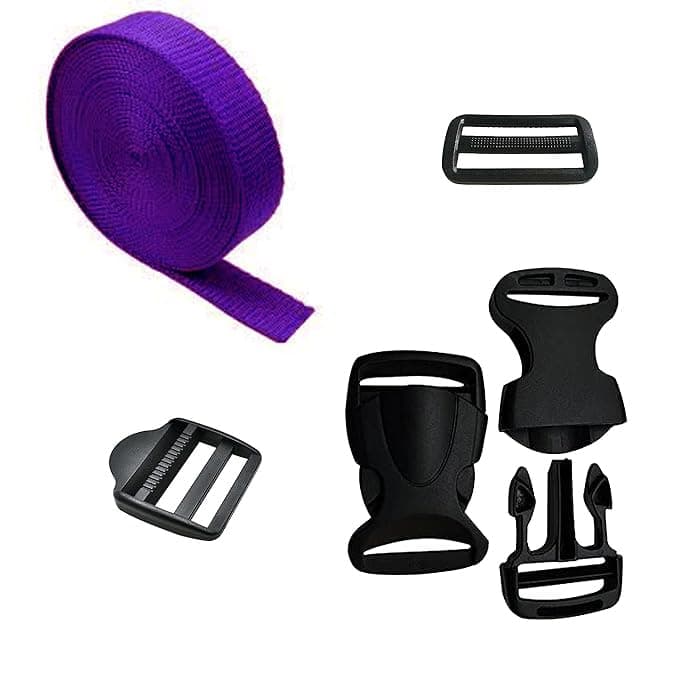 - Side Release Buckles Clips, Tri-Glide Slides and Ladder Lock with 5mt 1in wide Nylon Webbing Strap for Backpack Repairing, Luggage Fastening Strap, Pet Collar Making and More DIY Projects