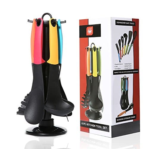 6 Pieces Nylon Silicone Kitchen Cooking Utensils Set with Holders and 360 Degree Rotating Carousel Stands,Spatula,Ladle,Solid Spoon,Slotted Spoon,Slotted Turner,Spaghetti Server