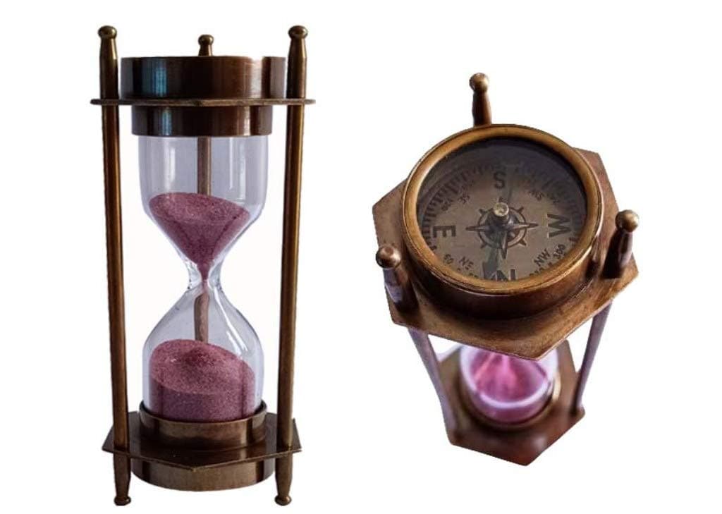 THOR INSTRUMENTS 5" DECORATIVE BRASS SAND TIMER HOURGLASS WITH ANTIQUE MARITIME BRASS COMPASS