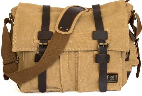 Military Canvas Shoulder Messenger Bag with Leather Straps