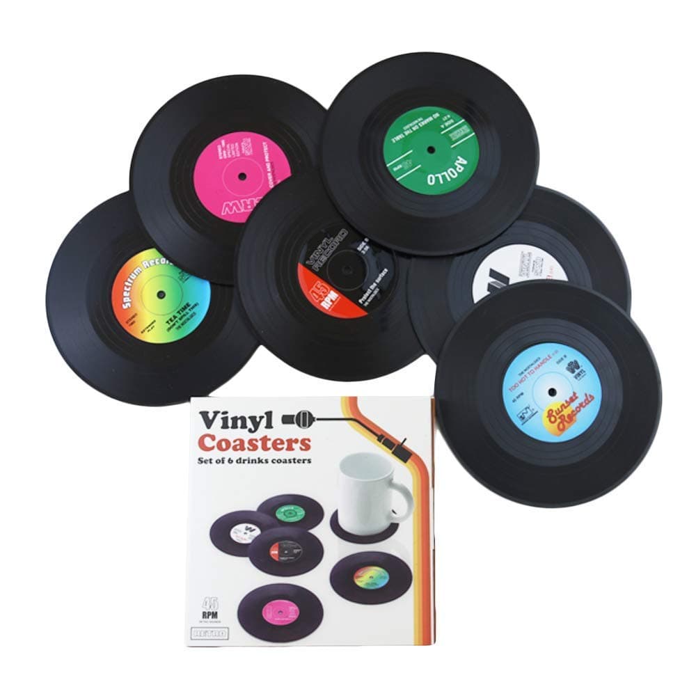 Manisho Vinyl Record CD Shape Coaster (4.5 Inches, Black) -Set of 6