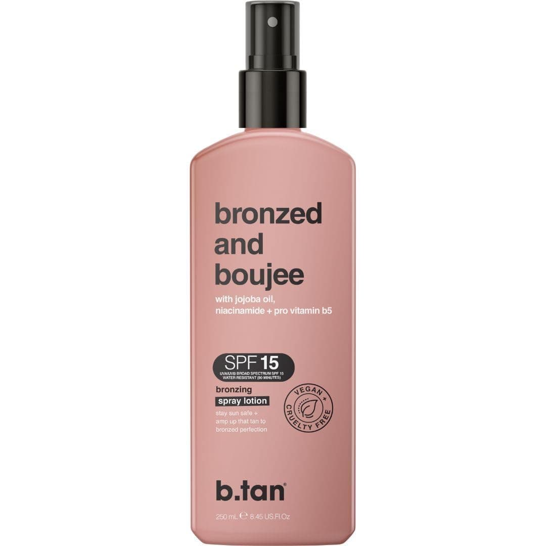 b.tan SPF 15 Sun Tanning Lotion Spray | Bronzed and Boujee - Best Tan Intensifier, Browning Outdoor Bronzing Accelerator, Packed w/Jojoba Oil, Niacinamide, & Vitamin B5, Austrailian Brand, 8.45 Fl Oz