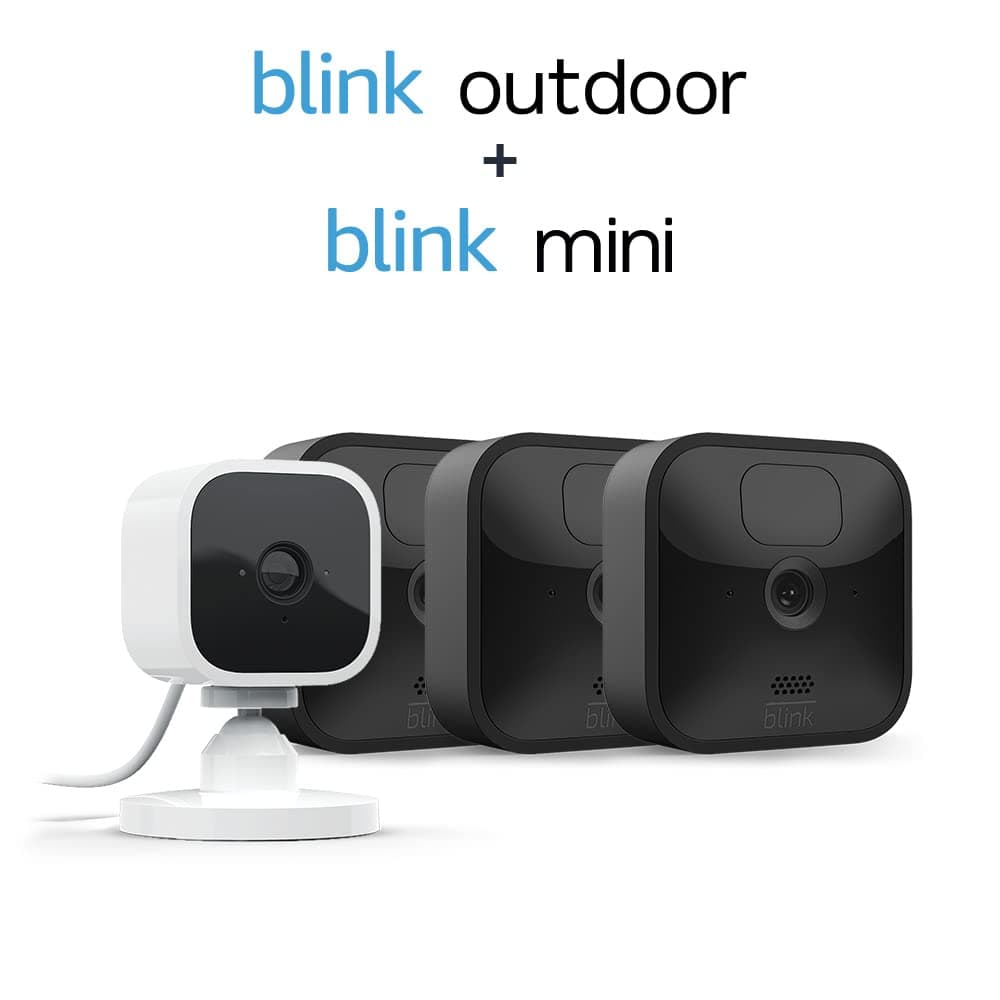 Blink Outdoor security camera with two-year battery life | 3-Camera System + Blink Mini Indoor Pet Camera, (1 Camera) | Motion Detection, Blink Subscription Plan Free Trial