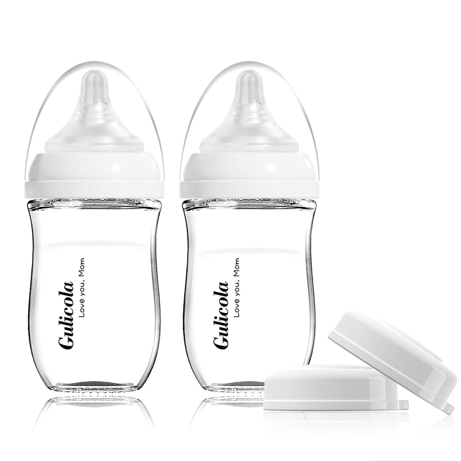 Gulicola Natural Glass Baby Bottle for Breastfeeding Babies, Newborn Anti-Colic Bottle Set with Slow Flow Nipple, 0-3 Months, 5 oz, 2 Pack - White