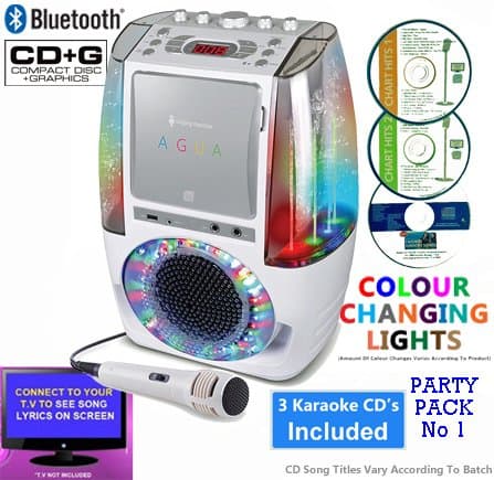 Classic 605 BLUETOOTH KARAOKE, Colour Changing Disco Party Light, Aux In, Smart Phone, Tablet, CDG+ Format CD Player, Connect TV to Display Song Lyrics. Boys, Girls Party Pack 1. White, 1 mic, 3 CDs