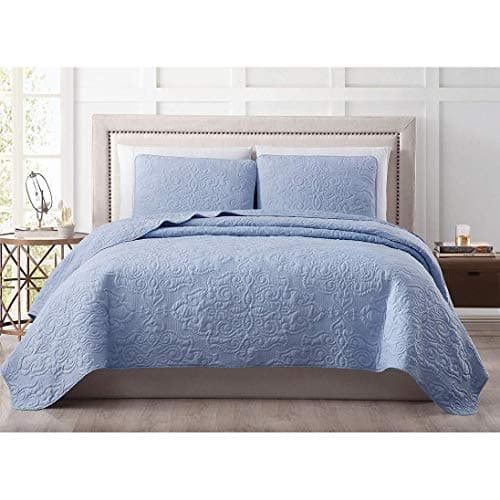 MISC Blue Bamboo Coverlet King Jacquard Textile Matelasse Bedding Oversized Rayon Viscose Fabric Textured Medallion Embossed 108x96, 3 Piece