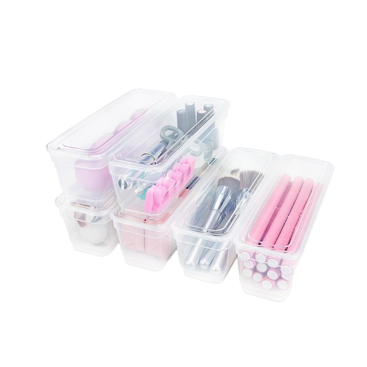 ArtBin AB Designs Bin Pack, [6] Long Home Organizer Storage Boxes with Lids, Translucent Clear