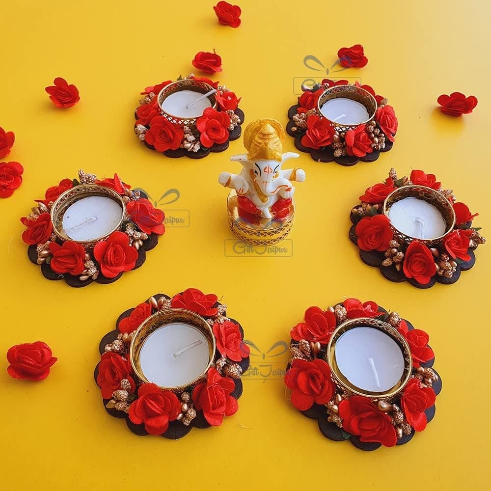 6 pc Red Diwali Decorative Handmade Tea Light Candle Designer Diyas with Ganesha Idol - Deepak, Candles, Home Decoration for puja Festival New Year Ganesha Chaturthi