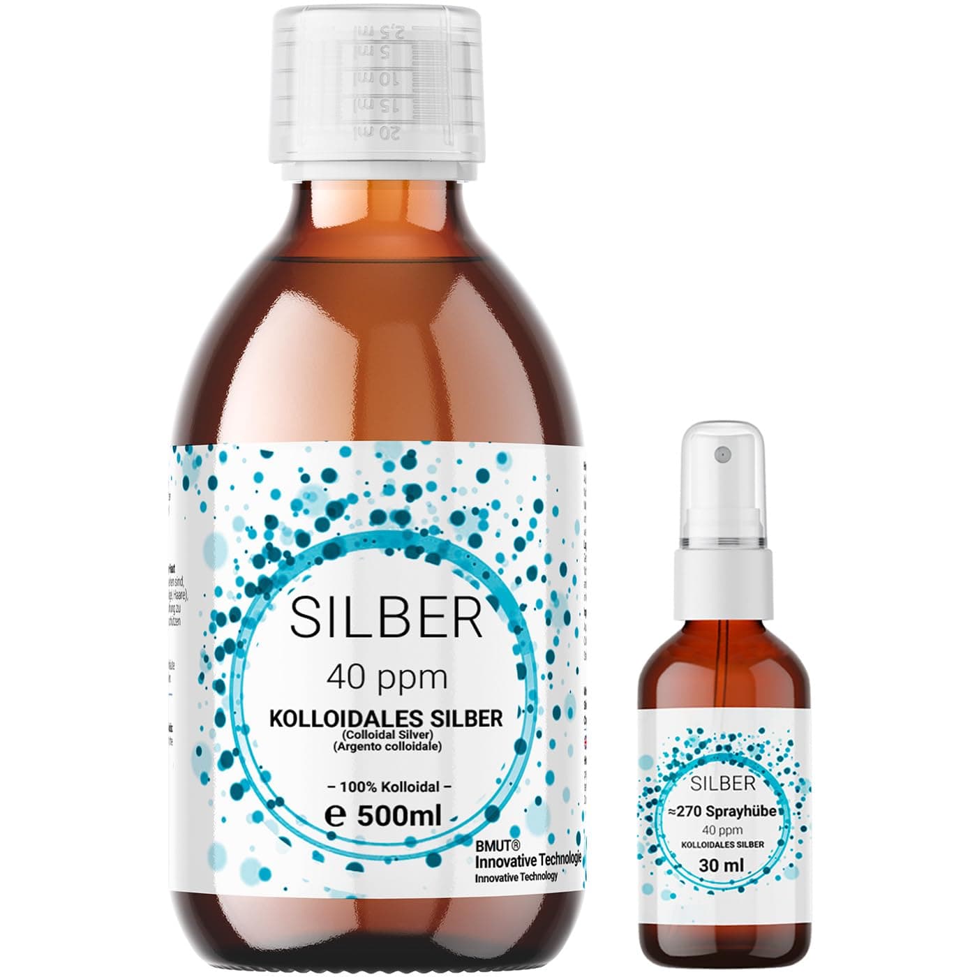 BMUT 1 x 500 ml Colloidal Silver (40 ppm) in Brown Glass Bottle with 30 ml Spray Bottle | Silver Water | Pure Water | 100% Colloidal
