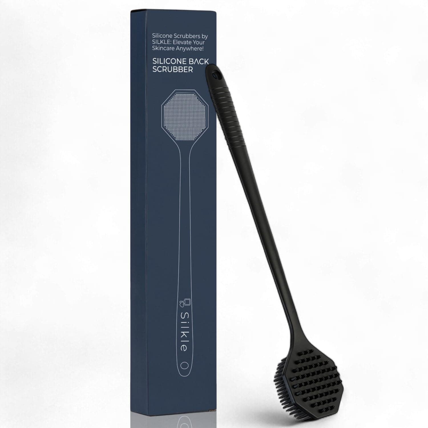 SILKLE Silicone Back Scrubber with Long Handle - Octagon Body Brush for Shower, Bath, and Exfoliating - Skin Cleansing, Back Scrub, and Gentle Silicone Sponge - Wash Your Body with Easy Reach