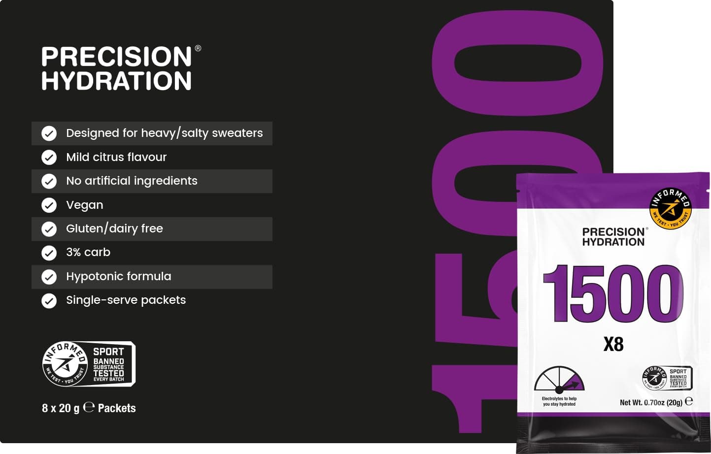 Electrolyte Drink Mix - No Artificial Ingredients, Multi Strength Electrolyte Powders - Individual Waterproof Servings - Gluten/Dairy Free (1500mg/L - Purple Packet, Pack of 8)