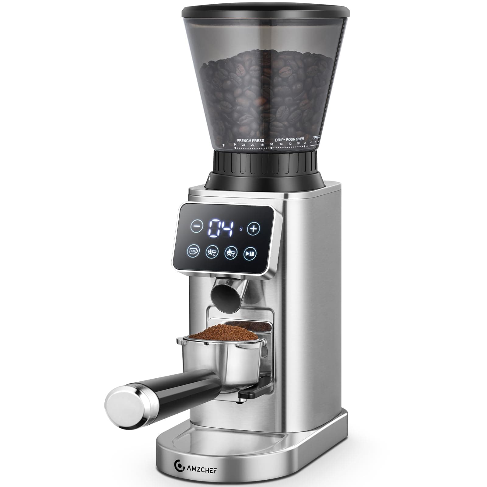 AMZCHEF Burr Coffee Grinder Electric with LED Control Panel, Espresso Grinders with Precise 24 Grinding Sets, Portafilter Holder, Anti-Static Espresso Bean Grinder for Home, Silver