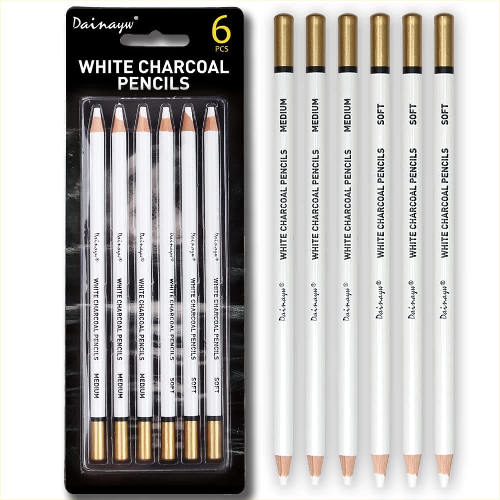 Dainayw White Charcoal Pencils Drawing Set, 6 Pcs Smooth Soft & Medium Sketching Pencil Art Supplies for Drawing, Highlighting, Sketching, Blending