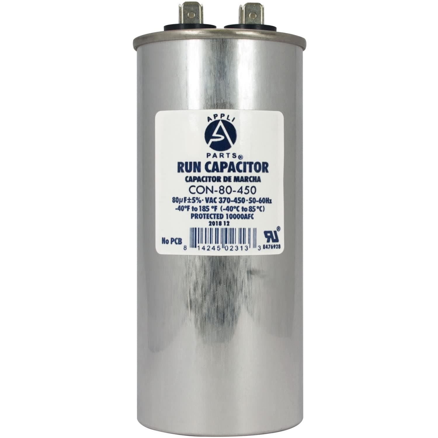 Appli Parts Run Capacitor for ac 80 Mfd uF (microfarads) 370 VAC or 450 VAC CBB65 Round Universal fit for hvac and other applications 5-1/4 in High 2 in Wide CON-80-450