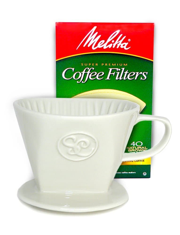 Simply Charmed Ceramic Pour Over Coffee Dripper and Single Serve Brewer includes Box of 40 Melitta Cone Filters Size #2 by