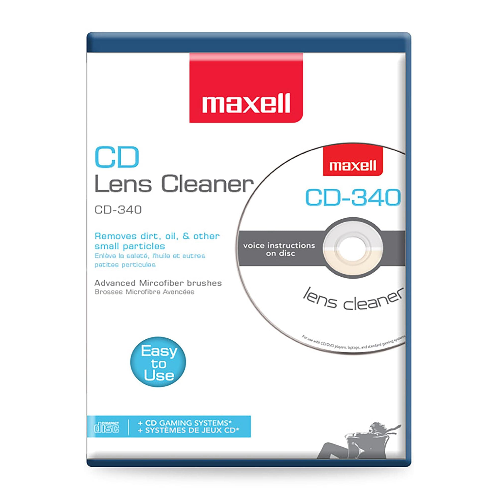 Maxell – Pro 190048 CD-340 Laser Lens Cleaner - Safe & Effective CD Player & Game Station Compact Disc Cleaner - Microfiber Brushes Eliminates Static & Dust - Easy to Use with No Chemicals