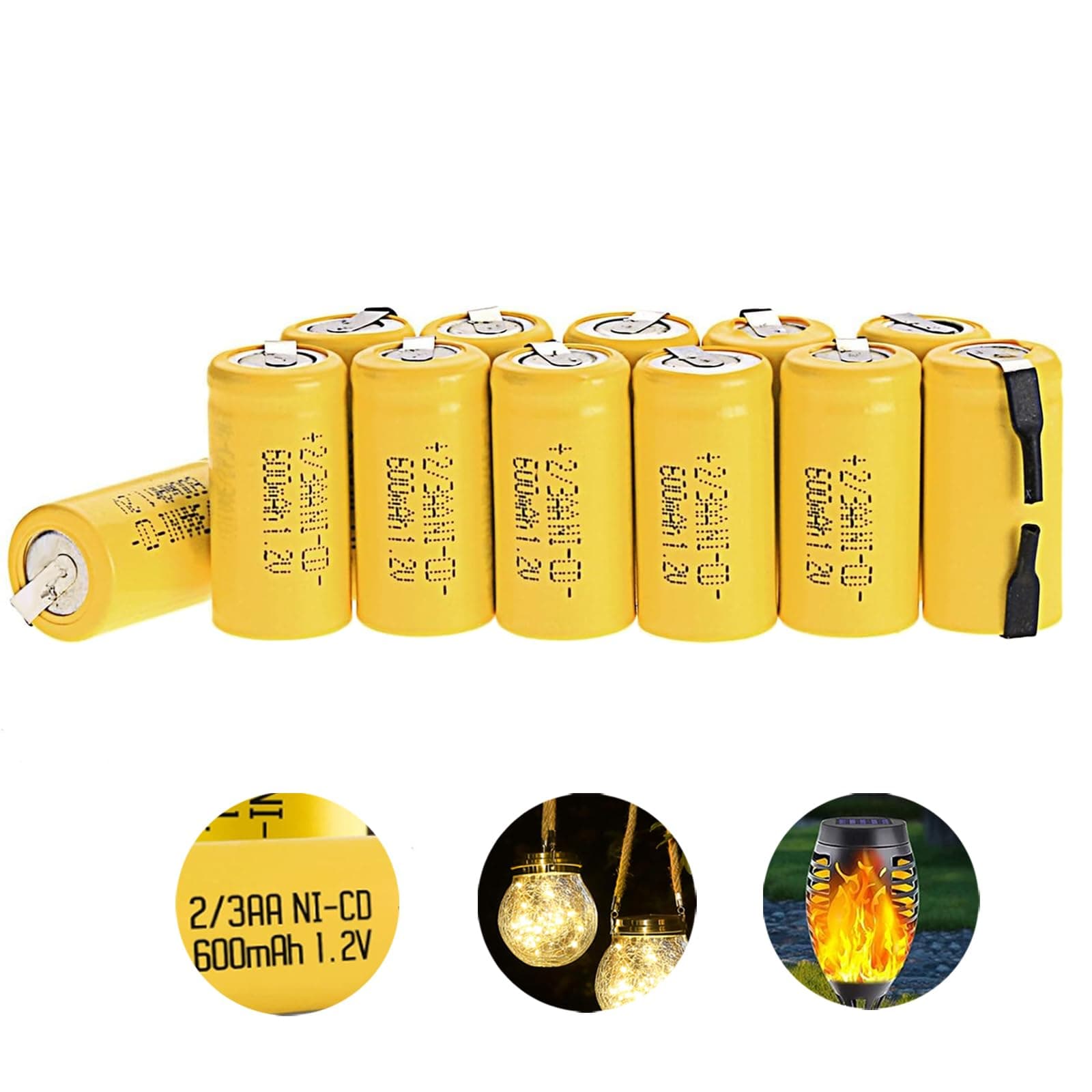 600mAh Rechargeable Battery 1.2V 2/3AA AA Battery Flat Top Solar Battery Ni-CD Battery Pack,-12pcs Yellow