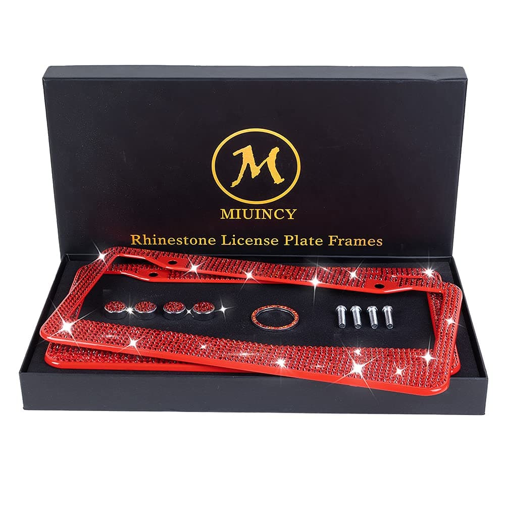 2Pack Red Rhinestone License Plate Frame with Gift Box,License Plate Frame for Women Men, Luxury Handmade, Diamon Firm Waterproof