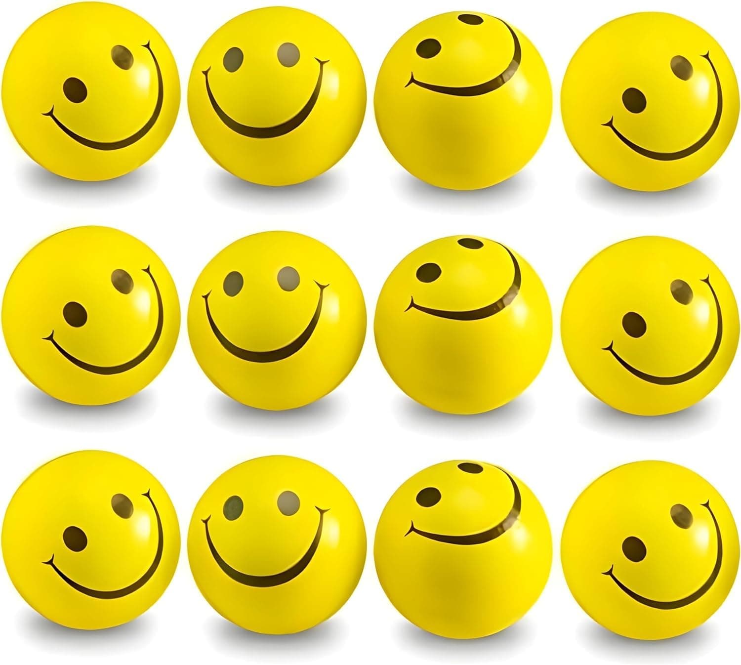 GRAPHENE 12 Pcs Soft Squeeze Squishy Smiley Foam Sponge Ball Stress Relief Yellow Emoji Happy Smiley Face Printed Standard Size Toy Hand Exercise Balls Set for Kids Adults Light Weight Non Toxic Toy