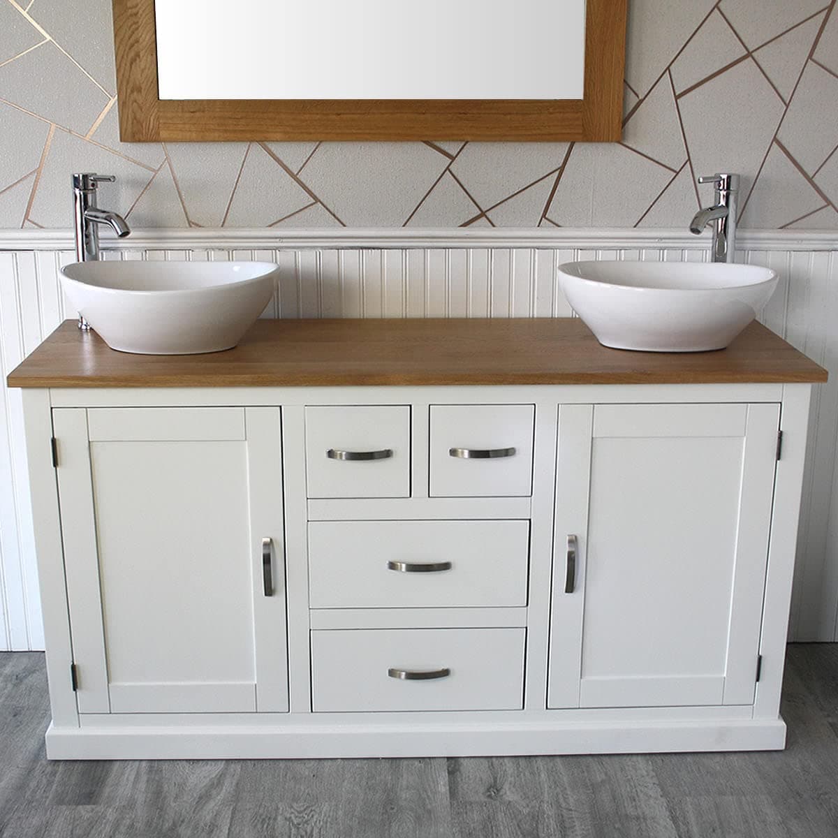 Wooden Bathroom Vanity Unit with 2 Ceramic Basins - Modern Bathroom Sink Cabinet with Drawers - Double Vanity Unit with Chromed Mixer Taps - White Painted - Oval Bowl (603PCB027X2)
