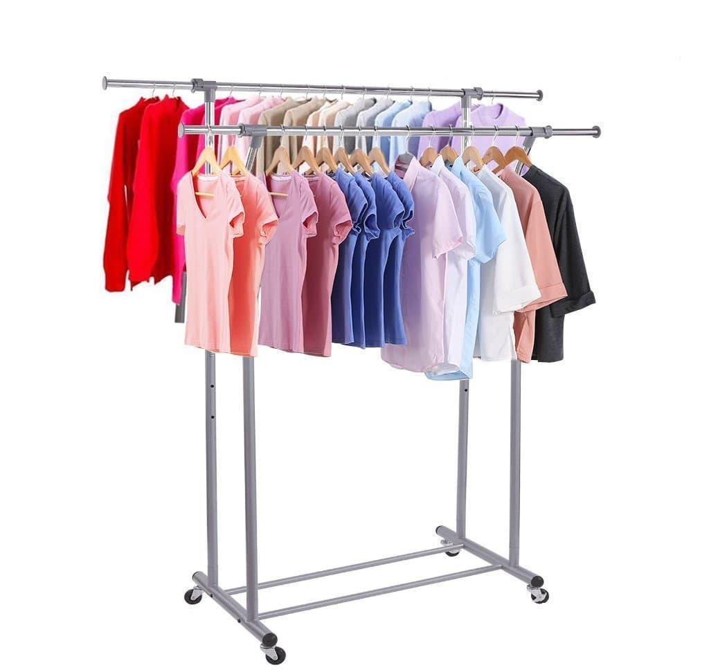 Double Rail Clothes Rack Adjustable Rolling Clothing and Garment Rack with Upgraded Commercial Wheels - Gray & Chrome