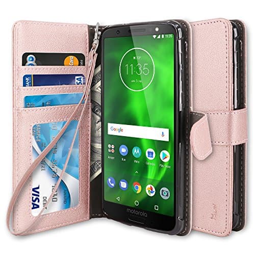 Moto G6 Case, TAURI [Wrist Strap] PU Leather Wallet Case Kickstand Protective Flip Cover For Motorola Moto G6 - Rose Gold