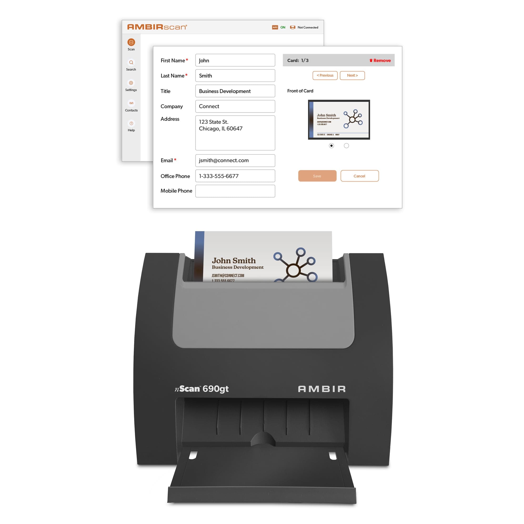 Ambir Technology nScan 690gt-BCS High-Speed Vertical Card Scanner with Scan Business Card for Windows PC