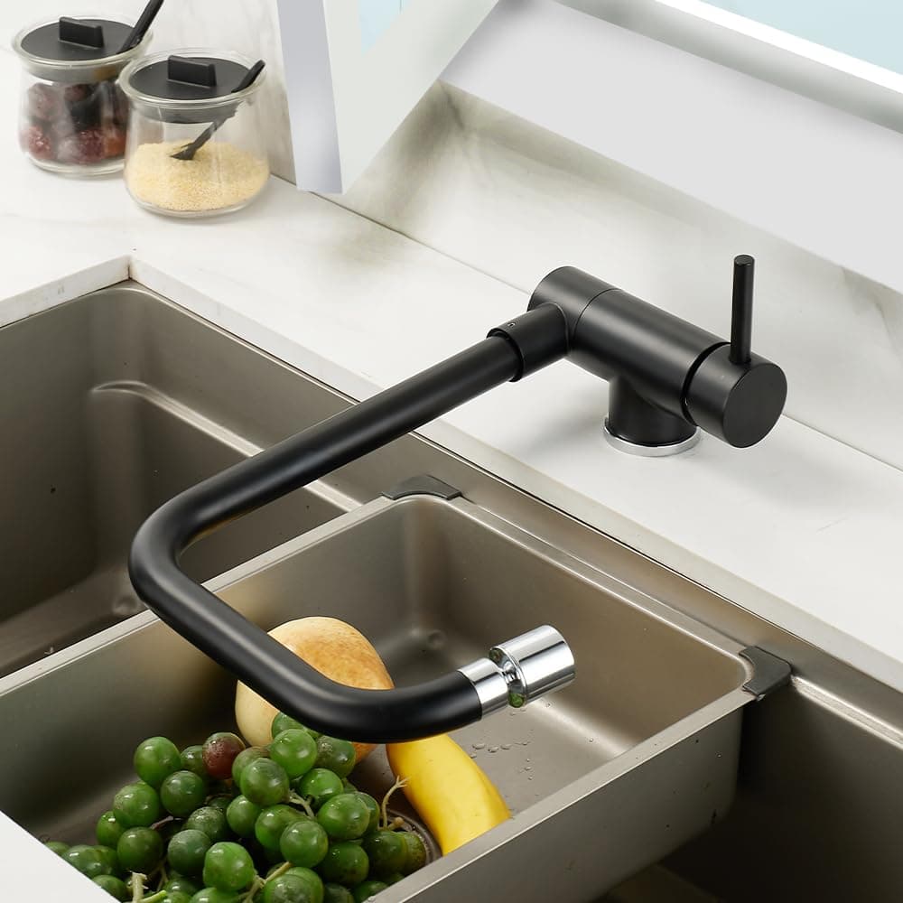 Maynosi Front Window Kitchen Sink Mixer Tap, Folding Kitchen Mixer Tap with 360° Swivel, Stainless Steel Foldable Faucet with 2-Modes Sprayer and Flexible Tails, Black