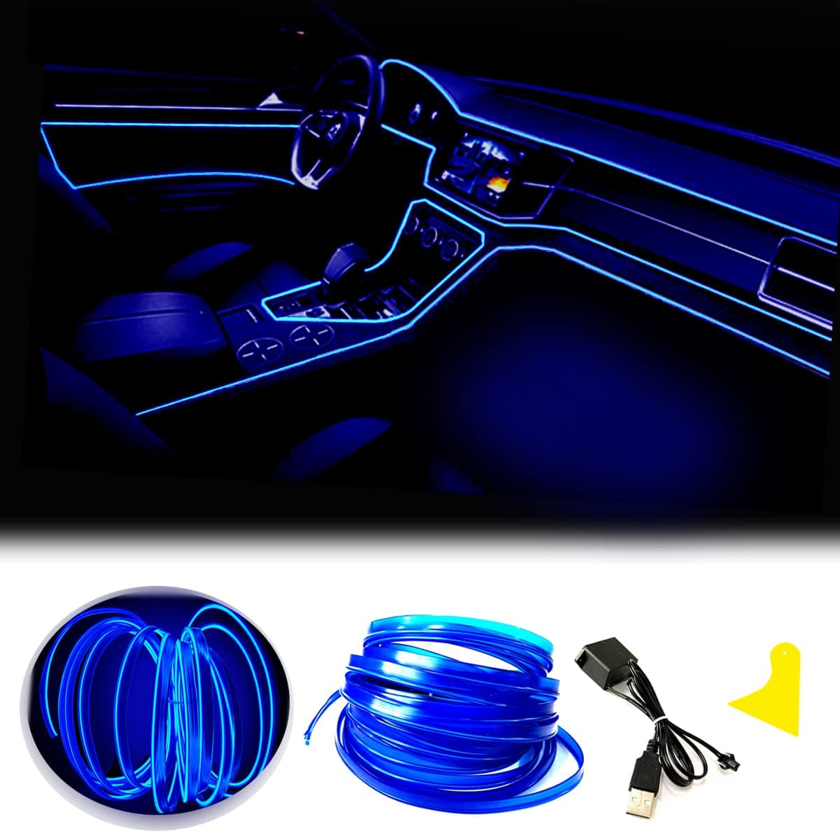 El Wire Blue Interior Car LED Strip Lights, 3M Neon Wire USB 5V with Fuse Protection for Automotive Interior Decoration, with 6mm Sewing Edge