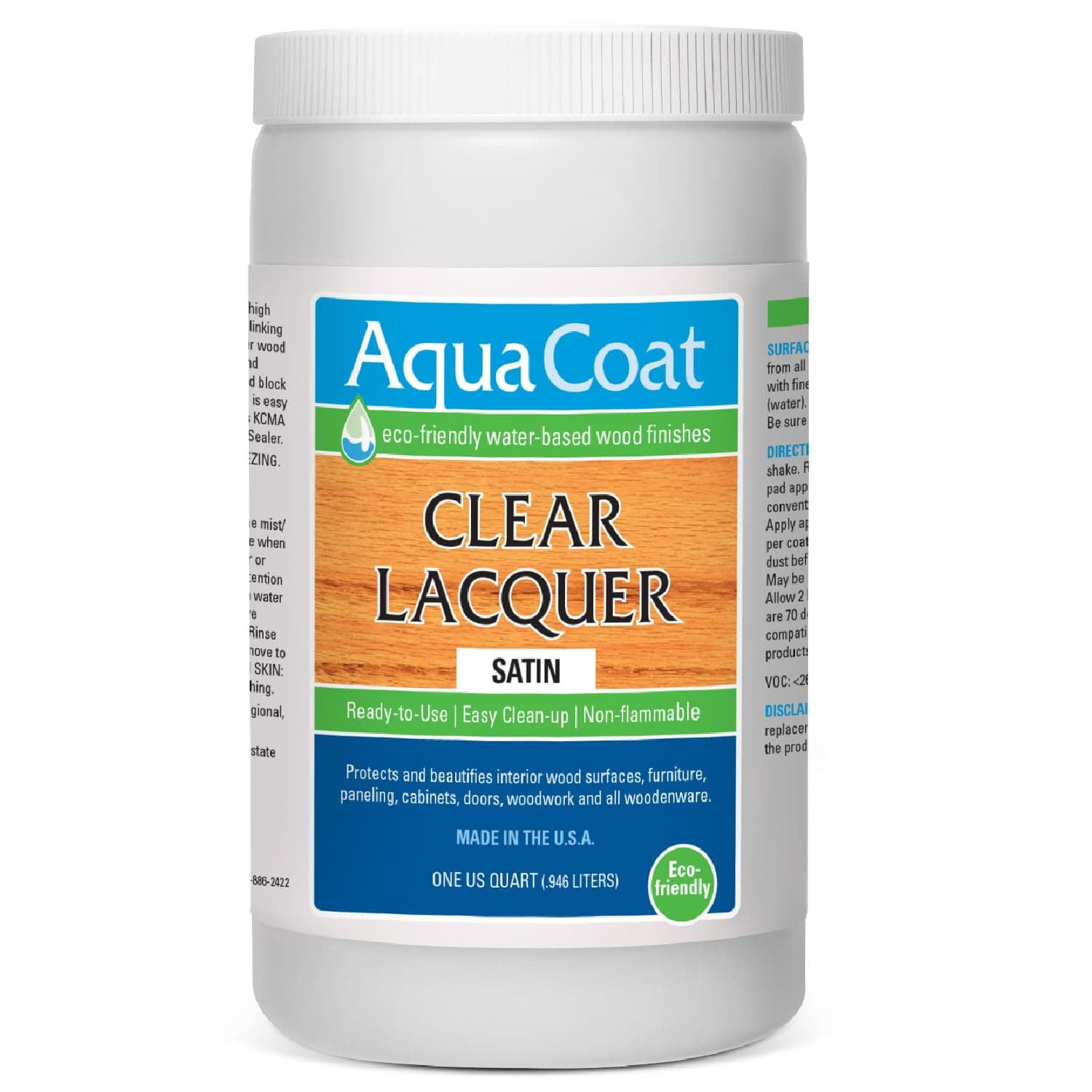 Aqua Coat Clear Lacquer in Satin Finish - Premium Water-Based for Wood & Plastic - Self-Cross-Linking, Fast-Drying, Non-Yellowing, Eco-Friendly - Quart