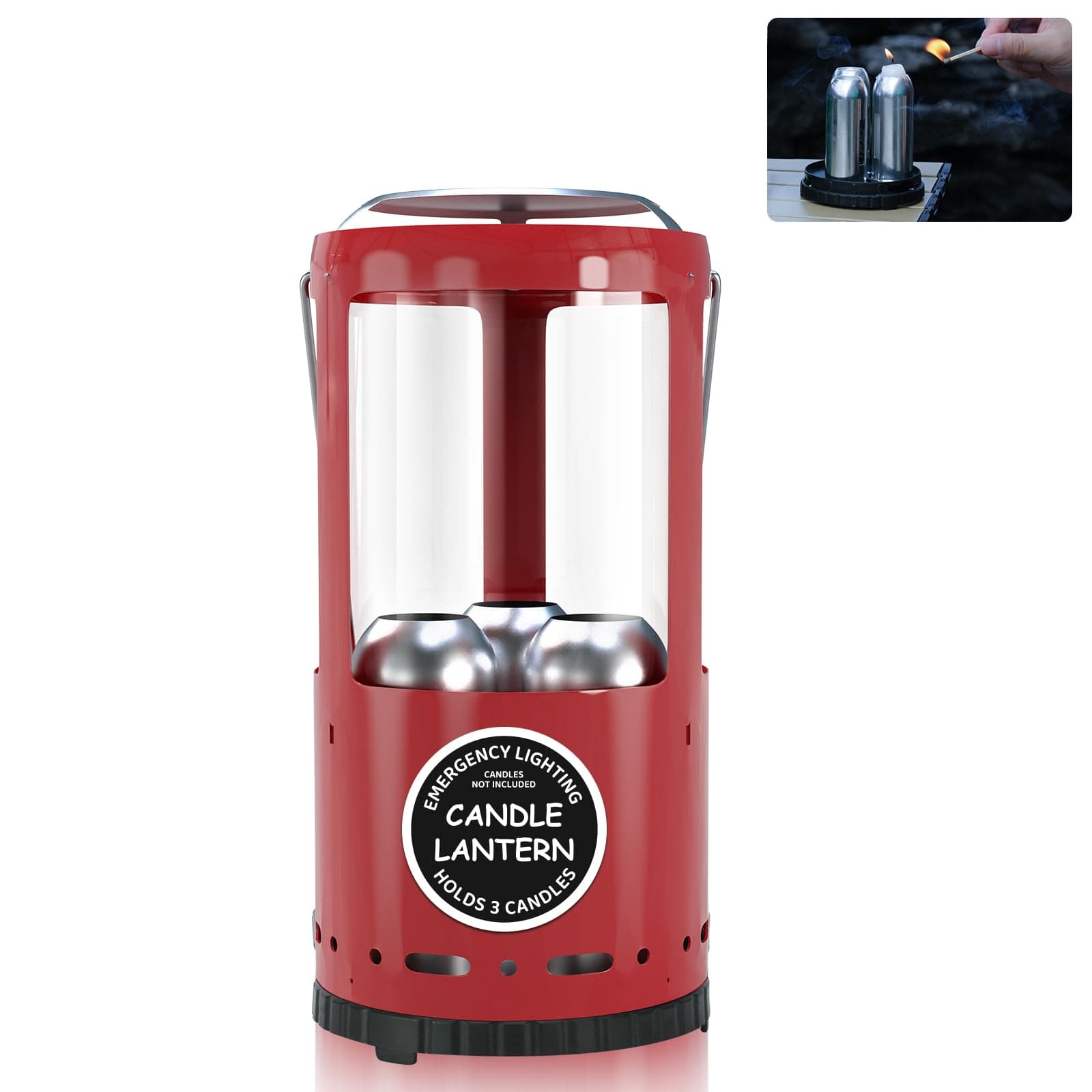 Candle Lantern, Decorative 3-Wick Emergency Candlestick Holder for Pillar Candles, Portable Red Warmer Lantern, Camping Gear for Campers Use, Hanging Handheld, NO Candles Included