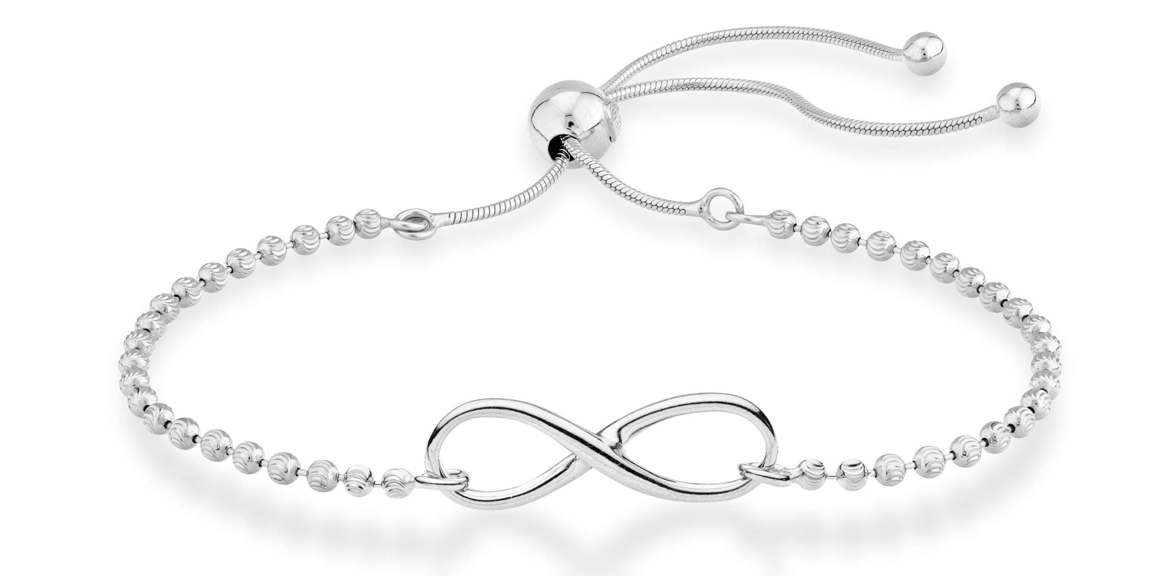 Miabella 925 Sterling Silver Infinity Forever Love Diamond-Cut Adjustable Bolo Bead Chain Bracelet for Women Teen Girls White or Yellow Made in Italy (Sterling-Silver)