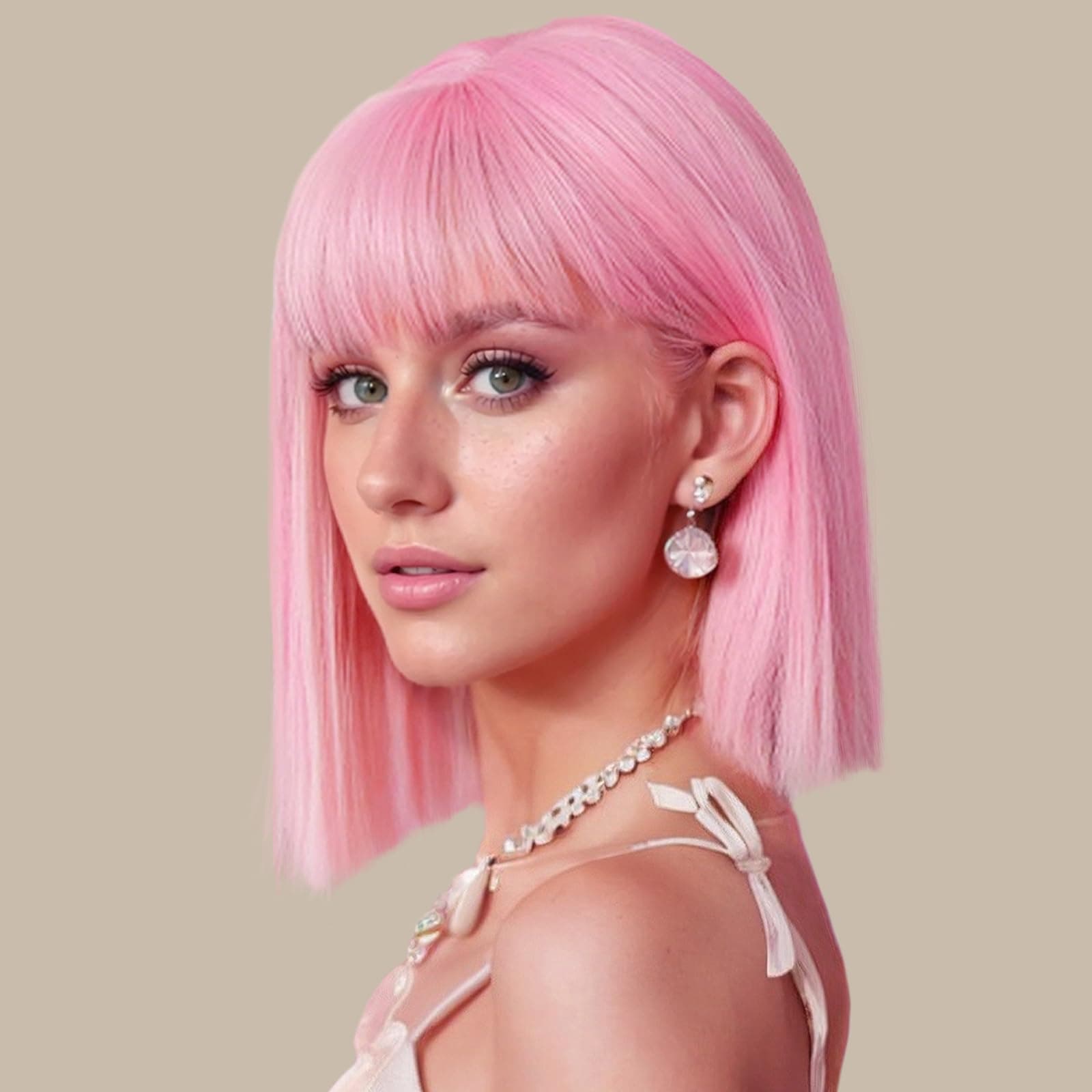 SUKRI Pink Bob Wig With Bangs - Short Straight Bob Bangs Wig, 12Inch Heat Resistant Synthetic Hair, Natural Looking For Daily Party Use