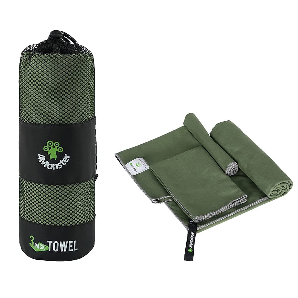 4Monster 3 Size Microfibre Gym Towels at 1 Pack, Quick Dry Travel Towel Ultra Lightweight, Super Absorbent Spots Beach Camping Towel for Gym Beach Camping Sports Swimming Hiking (Army Green)