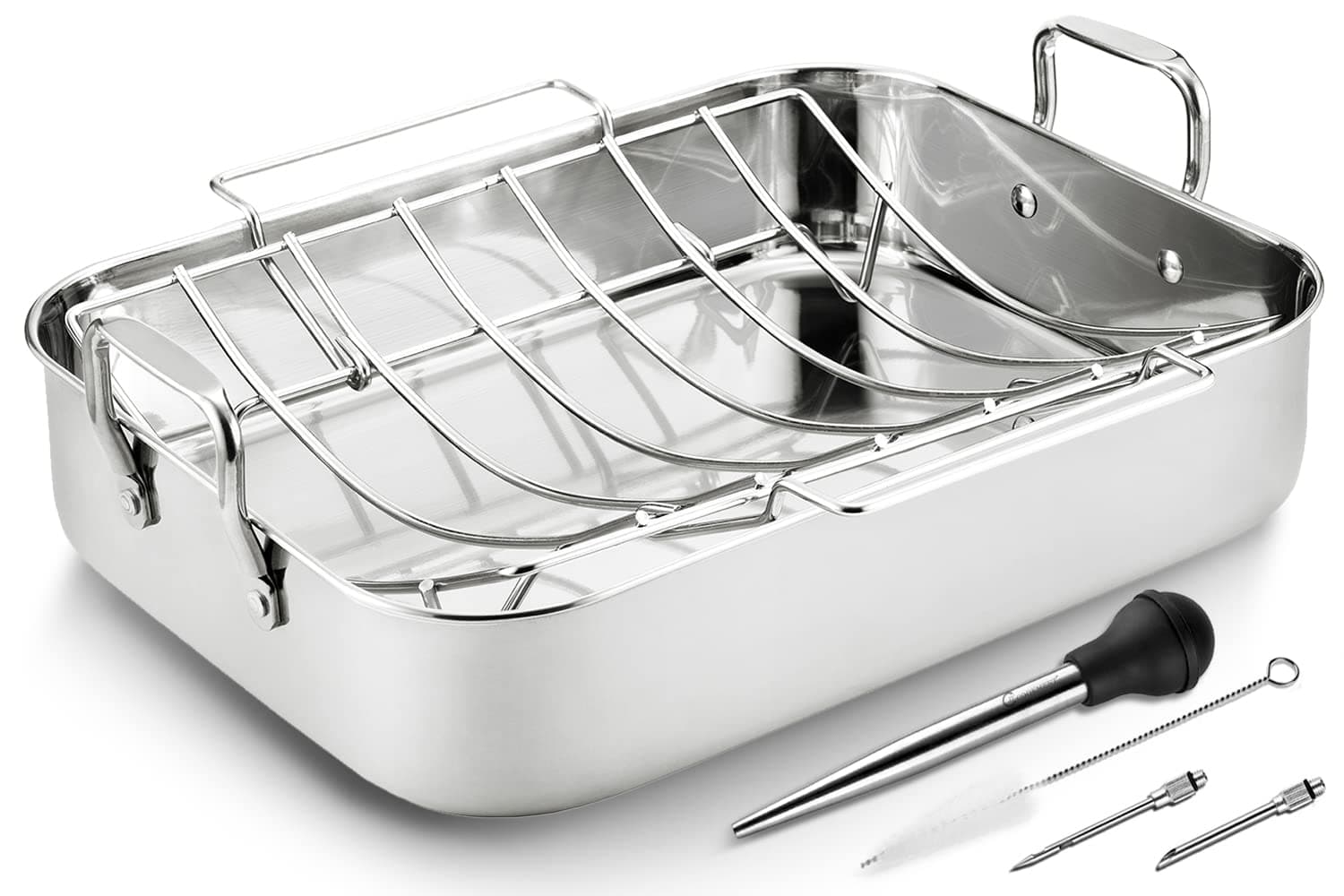 JY COOKMENT Roasting Pan with Baking Rack, 16.5 Inch Stainless Steel Turkey Roaster with Rack, Baster. Great for Turkey, Chicken, Ham, Vegetables