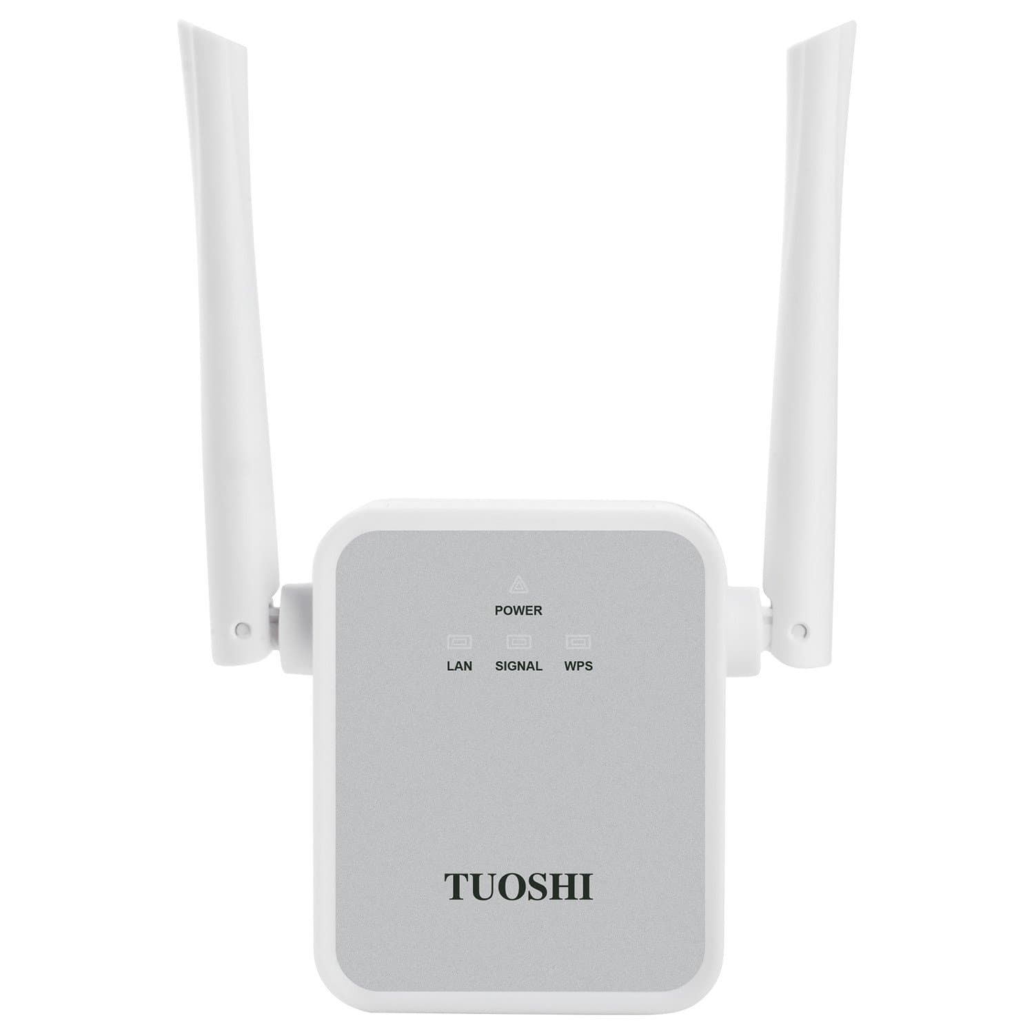 Upgraded 2021 TUOSHI TS720W wall-plug WiFi Range Extender, 300Mbps Wireless Signal Booster, WiFi Repeater/Access Point/Router with High Gain Dual External Antennas & Ethernet Port-Wall Plug Design-WPS