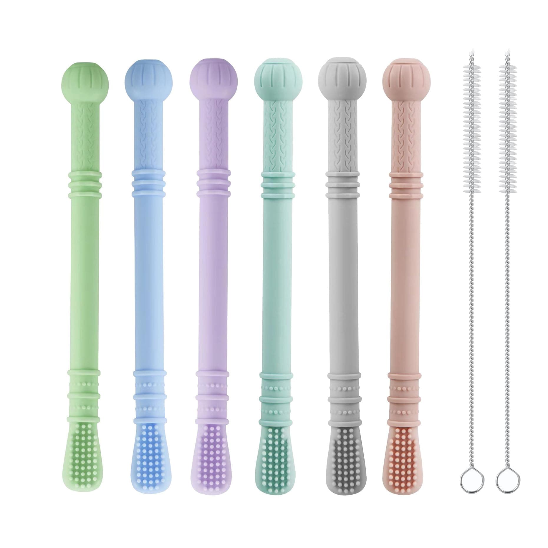 PandaEar Baby Teether Tubes| 6 Pack Soft Silicone Chew Straw Teething Toy for Infant Toddlers with 2 Cleaning Brush, Dishwasher Safe