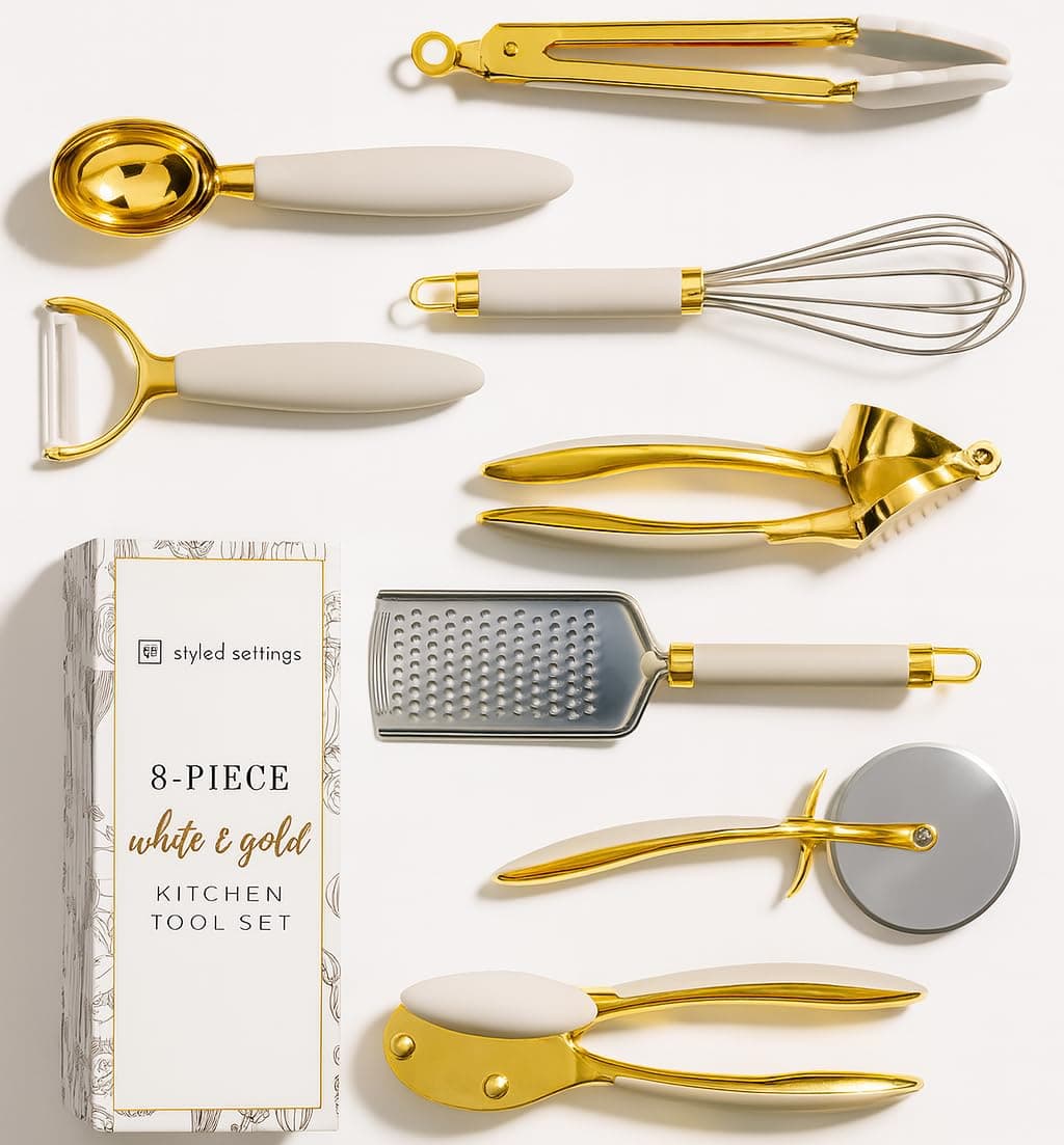 White & Gold Kitchen Tools and Gadgets - Luxury 8 Piece Cooking Tools and Gadgets with Non-Slip Handles, Gold Kitchen Accessories and White Kitchen Utensil Set, Premium Kitchen Gadget Set