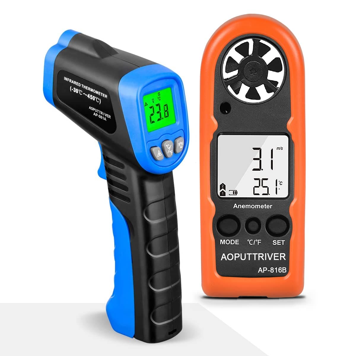 Pocket Anemometer AP-816B Wind Speed Meter Handheld Anemometer + Infrared Thermometer AP-981A Non-Contact Thermometer -58℉~ 662℉(-50℃~350℃) for Surfing, Cooking (2Packs)