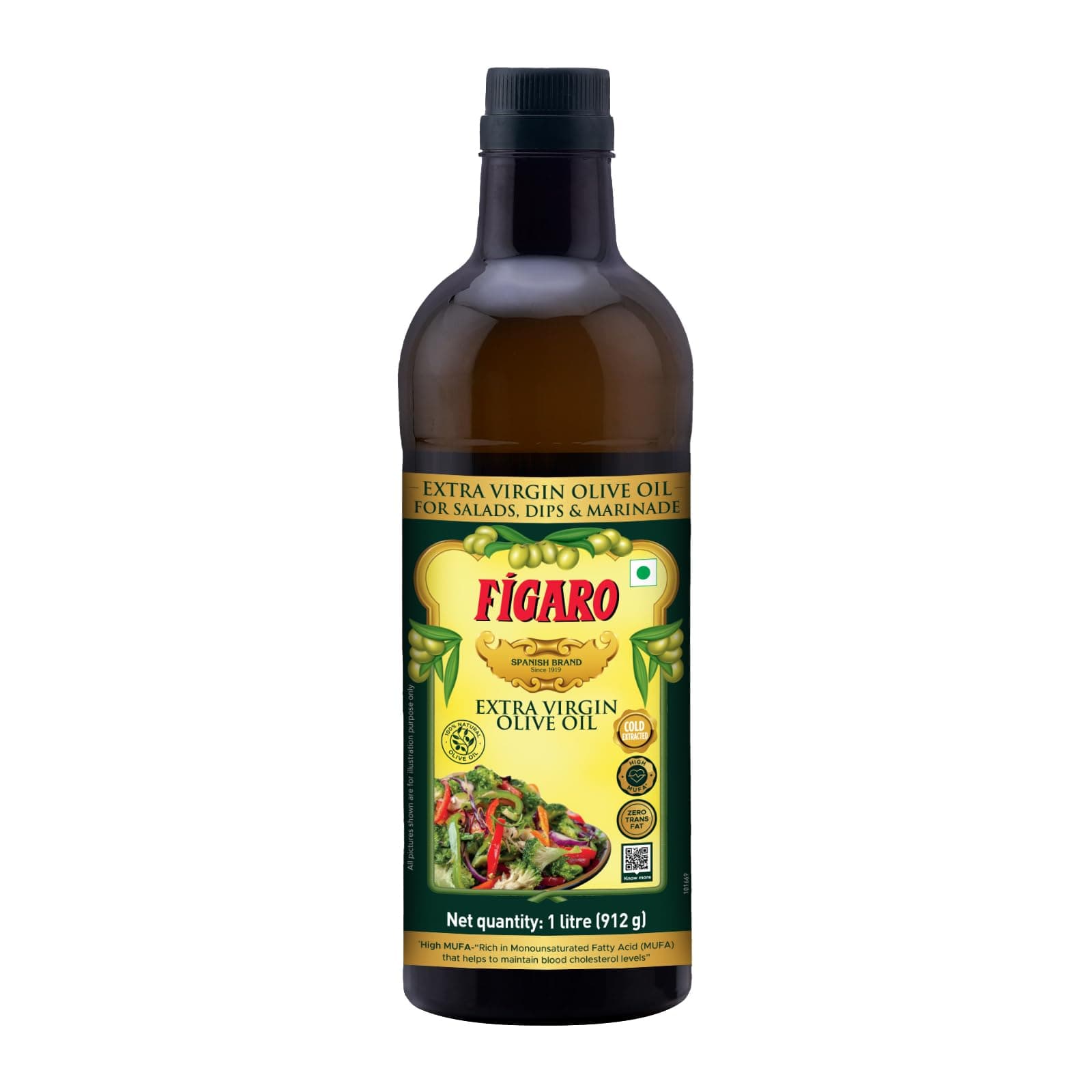 Figaro Extra Virgin Olive Oil - 100% Natural and Cold Extracted - Perfect for Salad, Paratha, Marinade - Imported from Spain, 1 Litre Bottle